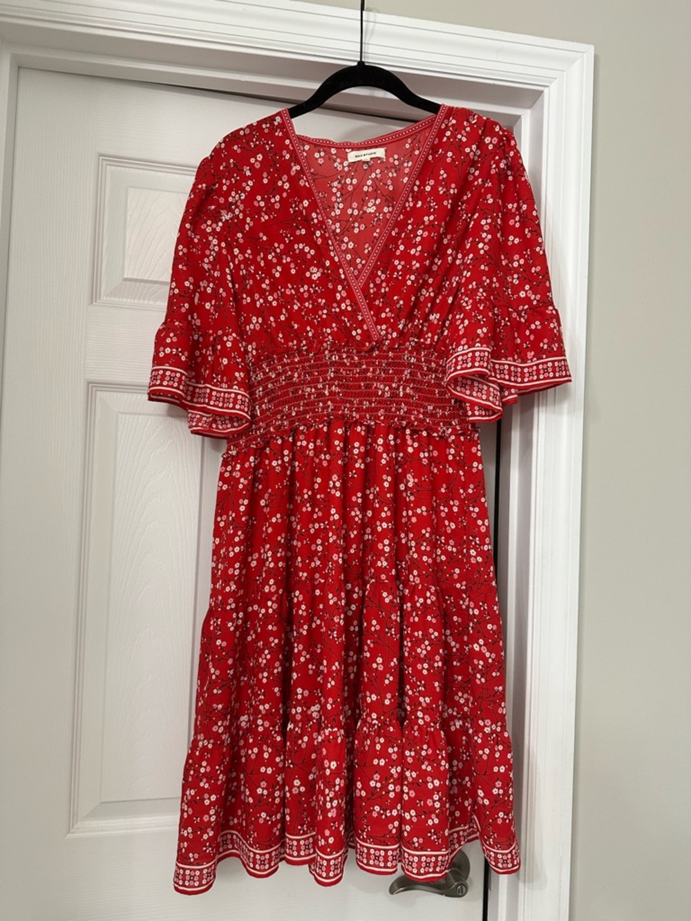 Max Studio Red Floral V-Neck Dress with White Blossom Print